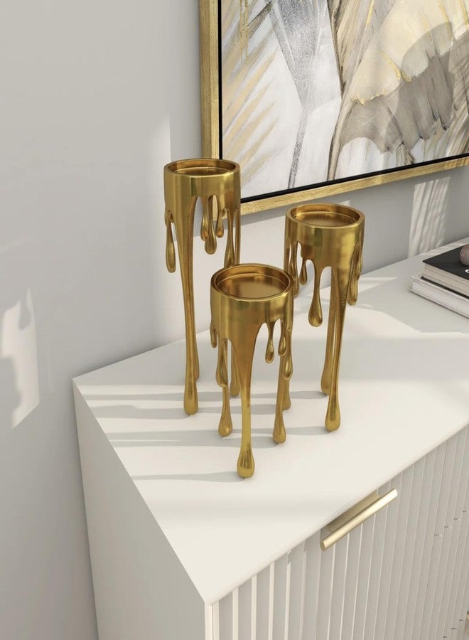 ZOVE Luxurious Gold Drip Design Aluminium Metal Candle Holder Set (Set of 3) - Modern Decorative Stand for Pillar Candles | Home, Living Room & Table Decor - Image 5